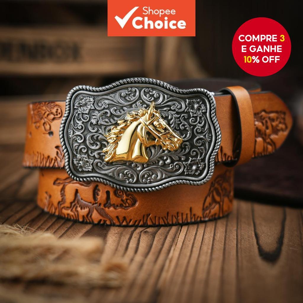 Cinto masculino estilo cowboy ocidental com fivela gravada de cavalo floral para estilo casual de couro em Oferta na Shopee