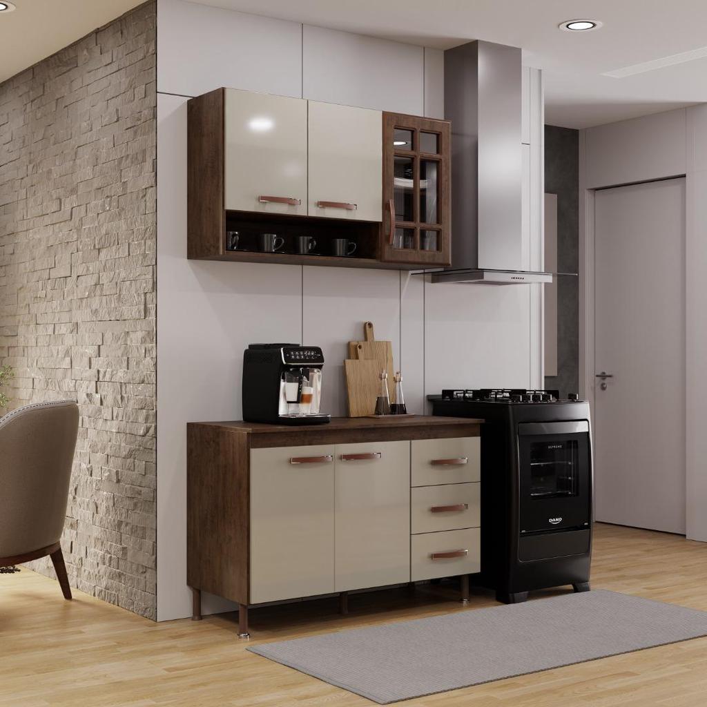 Cozinha Modulada Compacta Fidelitá Lisboa 2 Peças 120cm 5 Portas 3 Gavetas Com Tampo Noce/Off-White em Oferta na Shopee