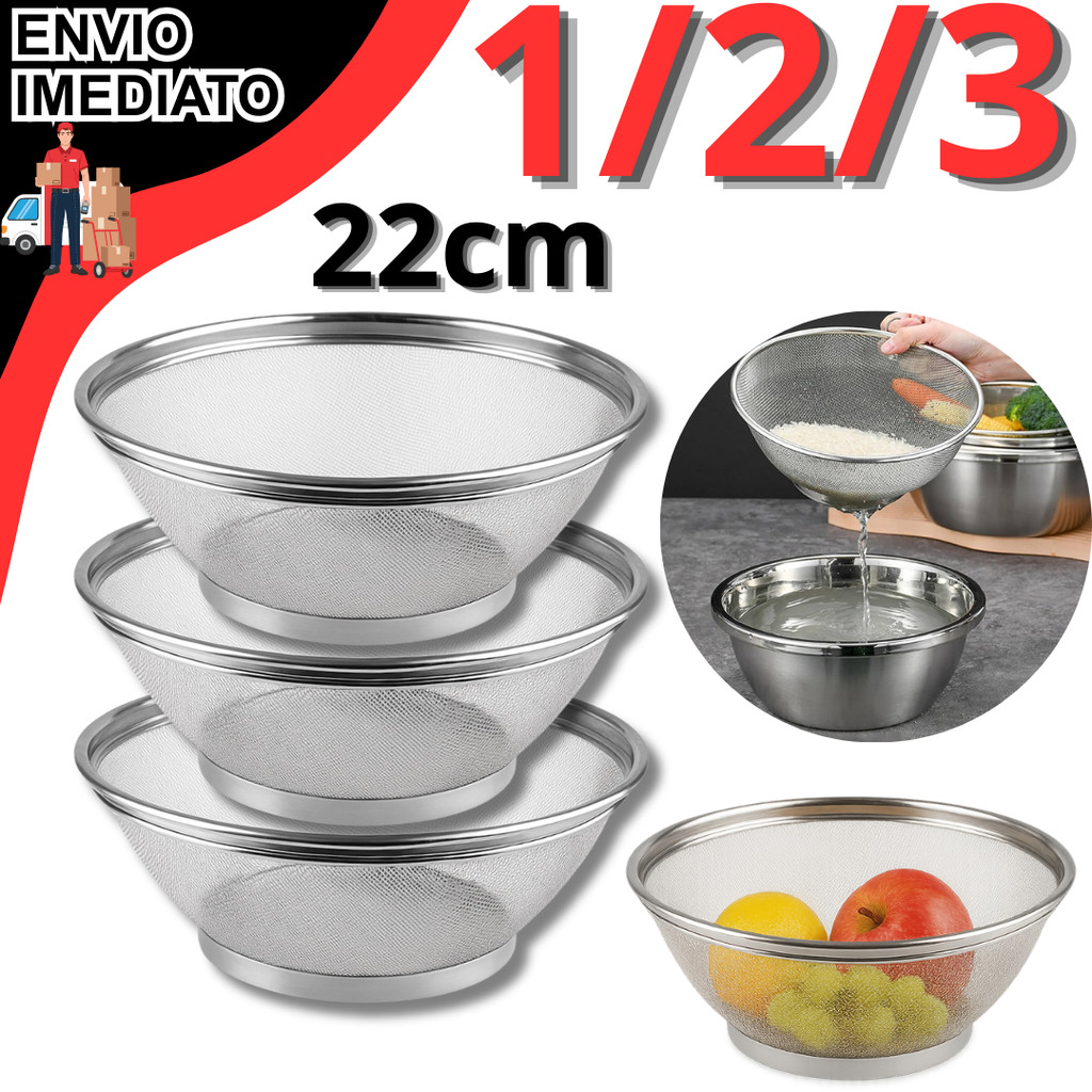 Cesto Cesta De Inox Escorredor 22CM Para Lavar Cozinhar Alimentos Arroz Legumes Frutas Massas Resistente Multiuso em Oferta na Shopee