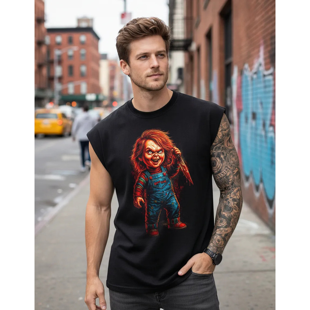 Camiseta Regata Oversized Chucky Maluco Terror Cavada