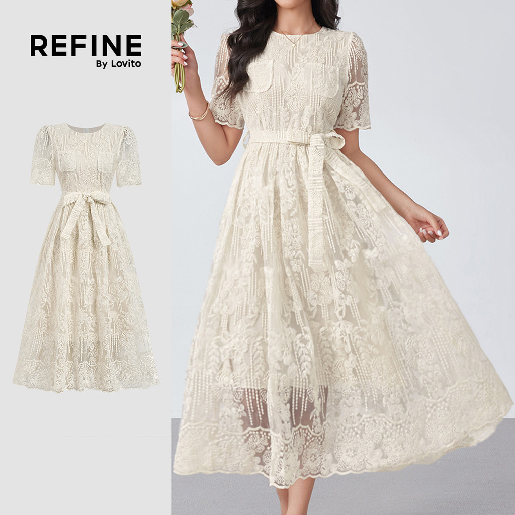 (Refine by Lovito) Vestido Elegante com Zíper e Cinto para Primavera/verão Damasco para Mulheres LR32L102