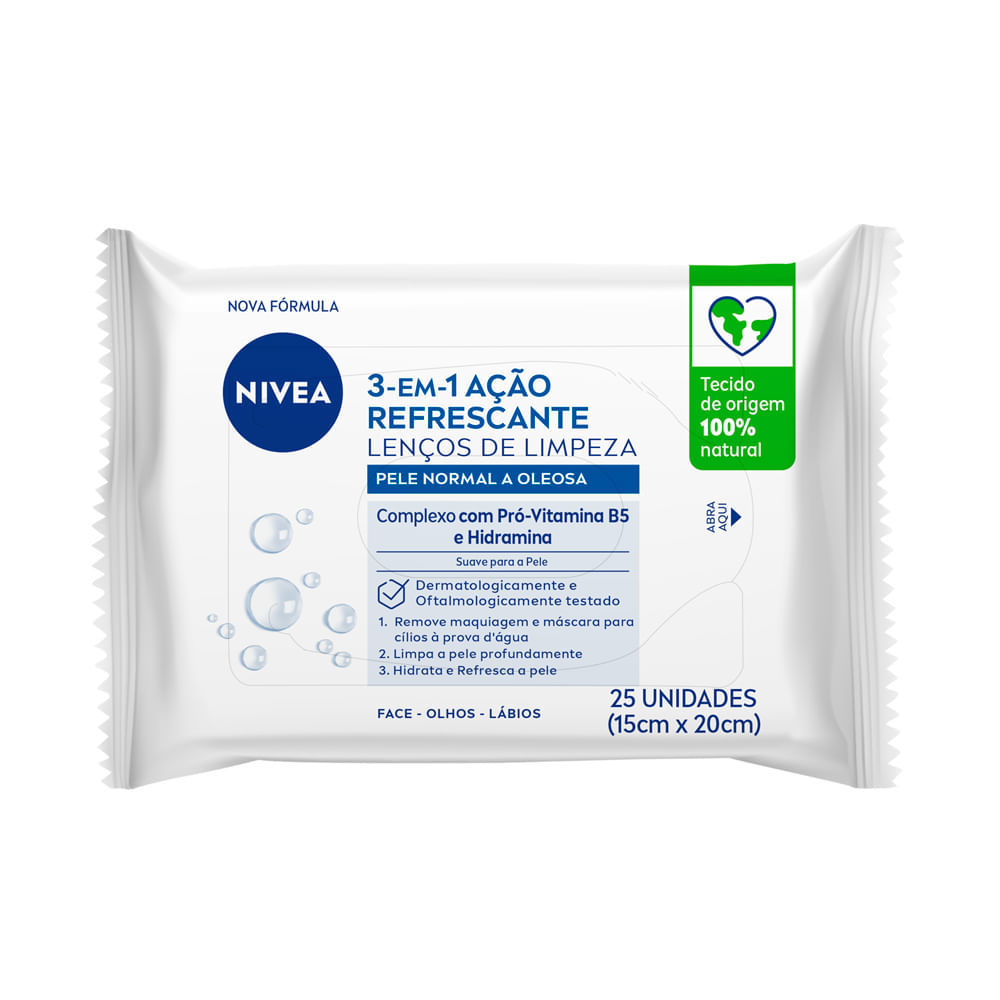 Lenços de Limpeza Facial Nivea  3 em 1 Ação Refrescante Pele Normal a Oleosa 25 Unidades