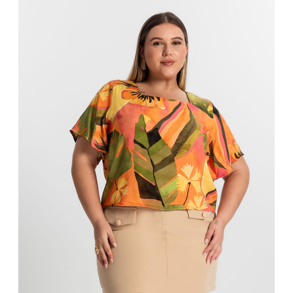 Blusa Feminina Plus Size Estampada Secret Glam Laranja