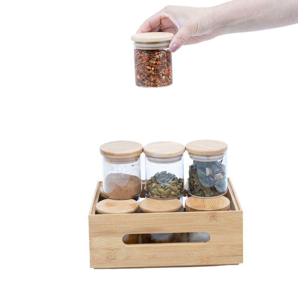 Kit Caixa de Bambu Vazada E 10 Potes de Vidro de 200ml Oikos em Oferta na Shopee