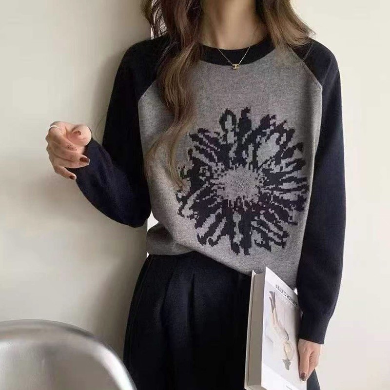 S909 pulôver de manga comprida suéter de malha de lã em formato solto feminino gola redonda estilo viajante primavera ou