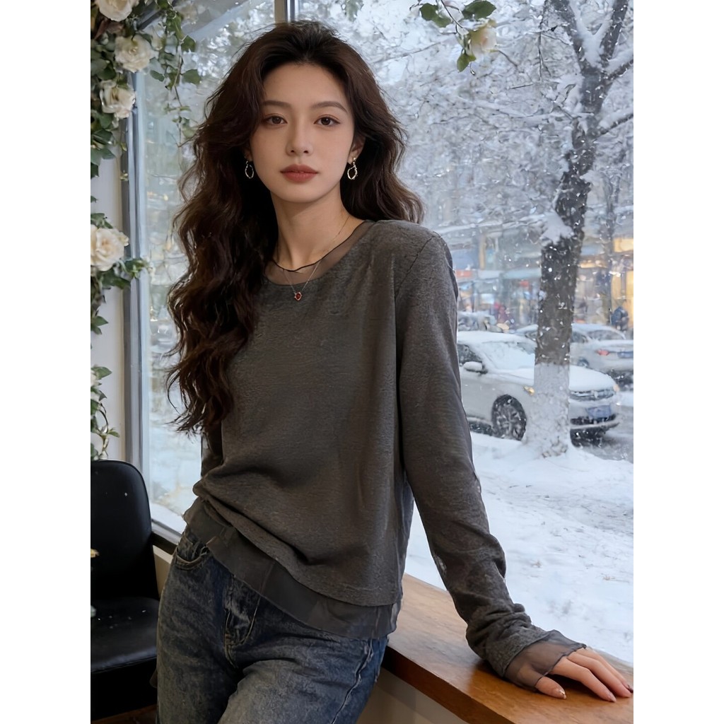 Japonês coreano comércio exterior marca exportação Chiffon costura de manga comprida camiseta feminina primavera camisa 