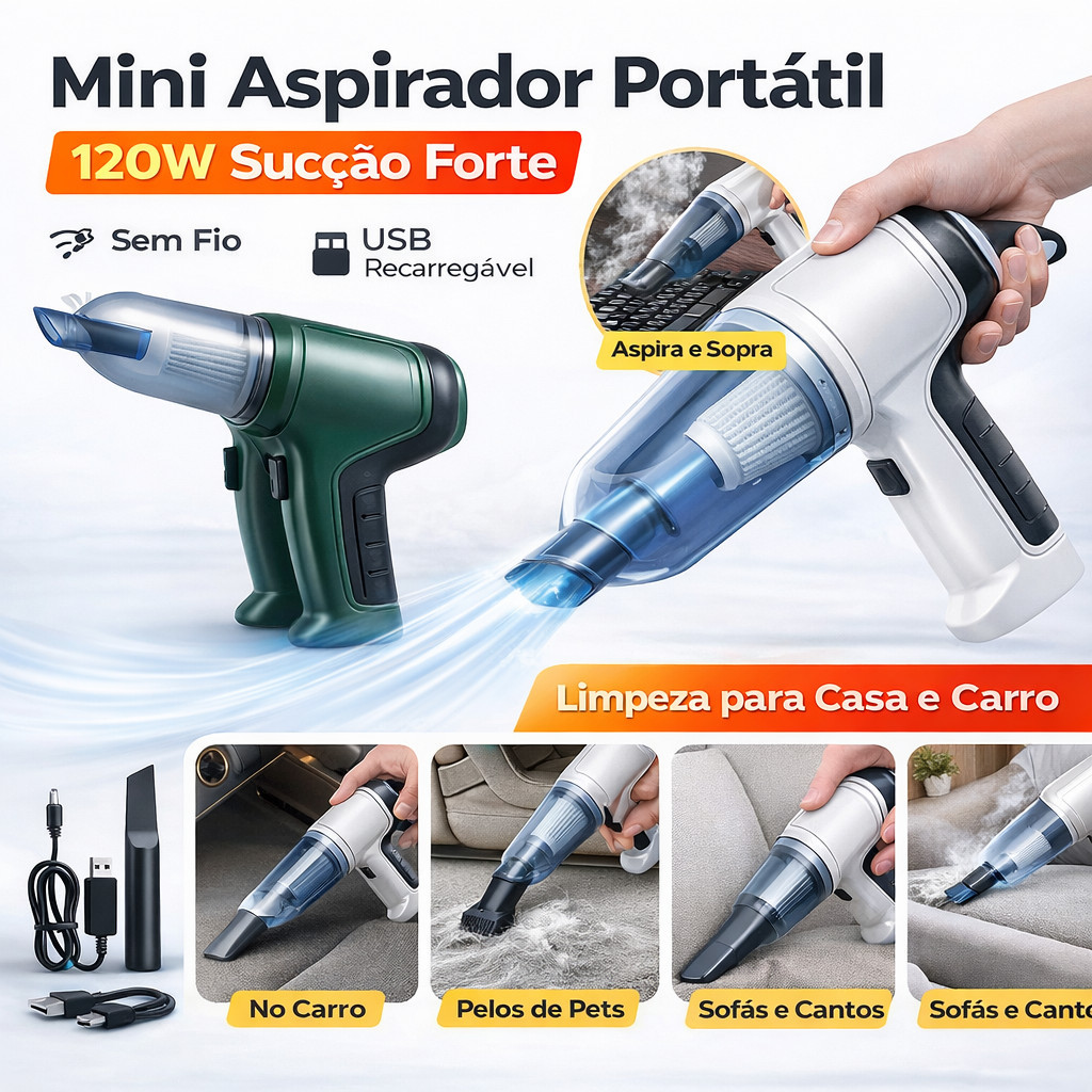 Aspirador Portátil Sem Fio 120W 5 em 1 Sucção Forte USB Aspirador e Soprador Carro Casa