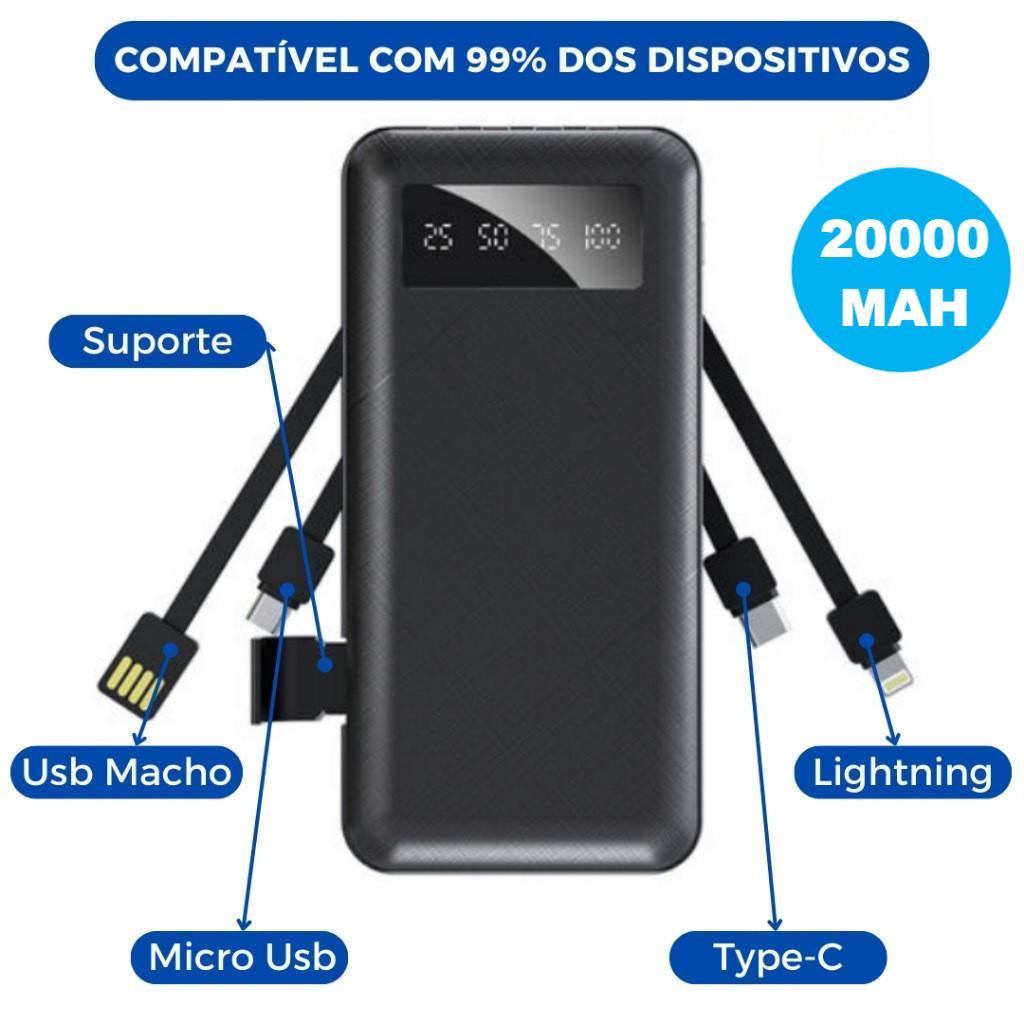 Carregador Power Bank Portátil 20000mah Universal Saida 4 Cabos para iPhone, Samsung e Android