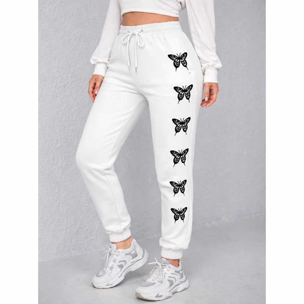 Calça Moletom Estampada Borboletas Flanelada Feminina Inverno