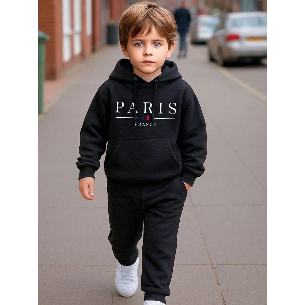 Conjunto Moletom Infantil Paris France Blusa de Frio Casual Canguru + Calça Blusao Com Capuz Algodão