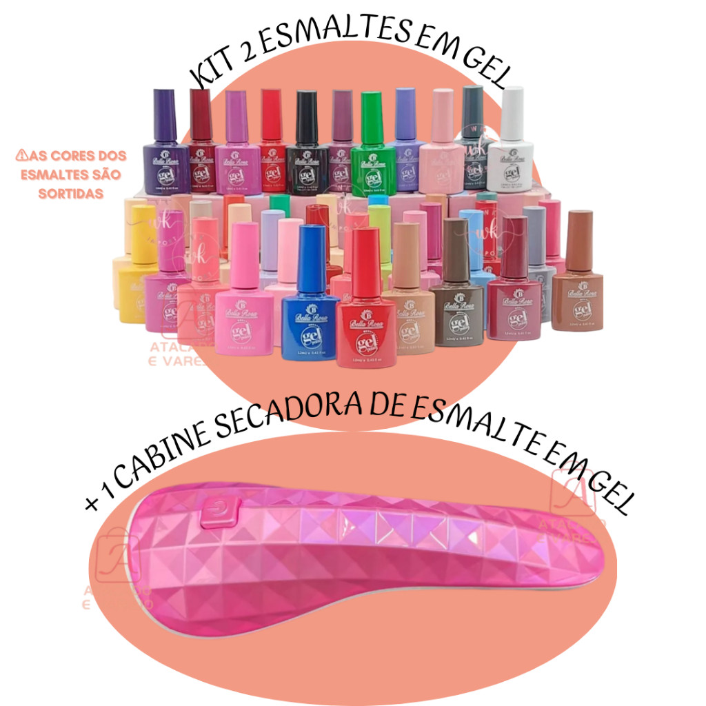 Kit 2 Esmaltes em Gel 12ML + Mini Cabine LED UV Secador de Unhas Portátil Manicure Gel Nail Art