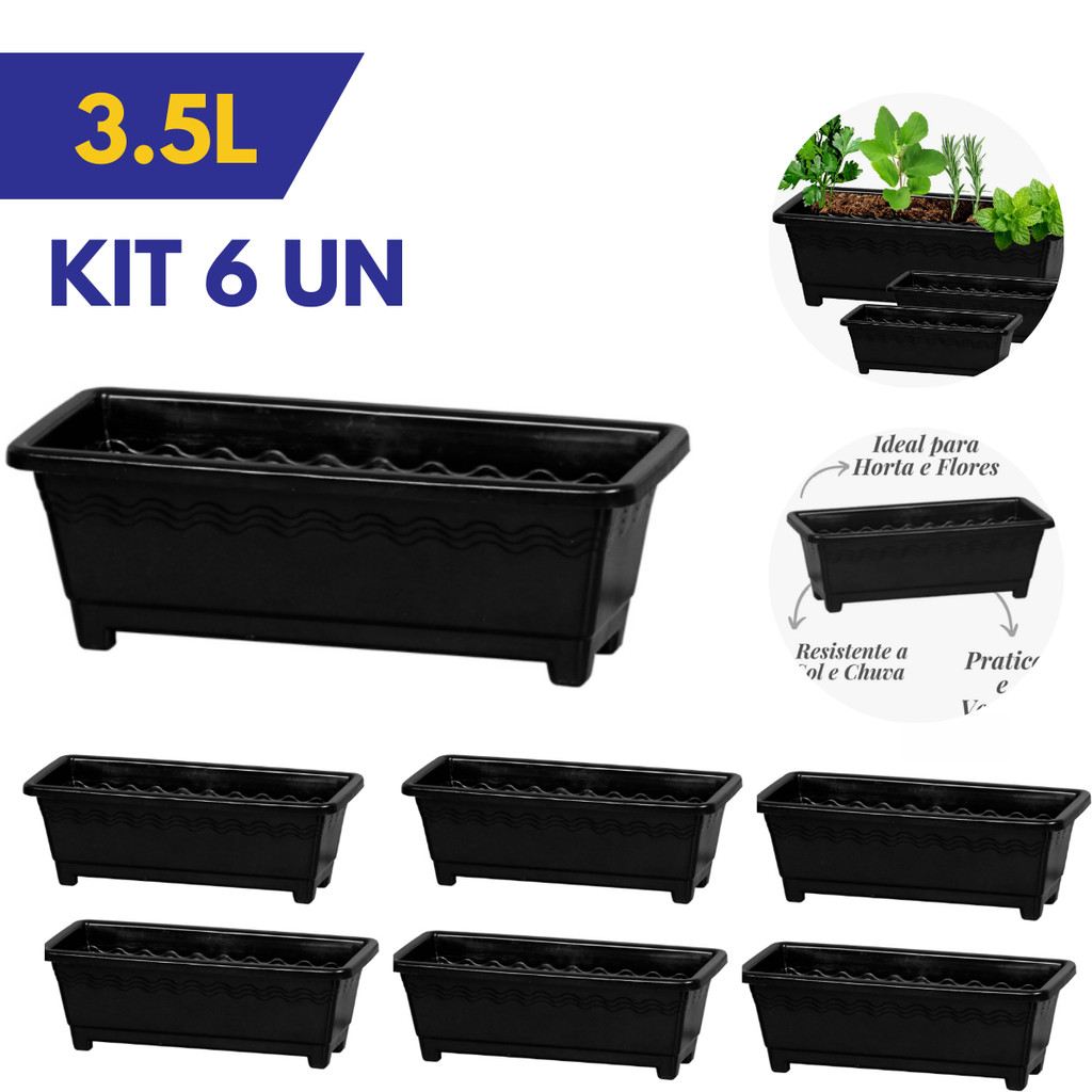 kit 6 Und Vaso Floreira Jardineira Preta 3,5 Litros Horta Mudas Cacto Tempero Plantas suculentas