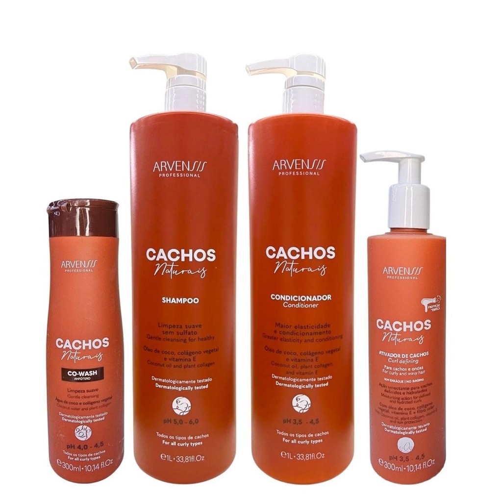 Kit Arvensis Professional Cachos Naturais - Shampoo 1L + Condicionador 1L + Co-Wash 300ml + Ativador De Cachos 300ml