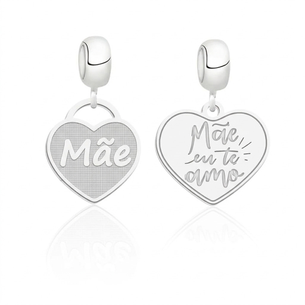 Kit 2 pingentes berloques: Coração Alça Mãe Prata 925 + Coração Mãe Eu Te Amo Prata 925 charm