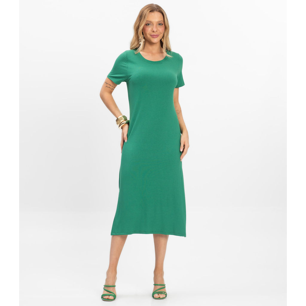 Vestido Midi Ribana Canelada Básico Rovitex Verde