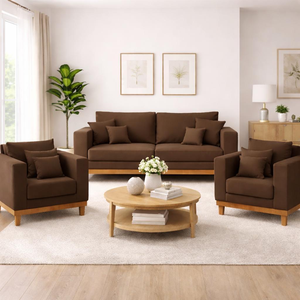 Kit 2 Poltronas Living + Sofá 2 Lugares com Base Madeira Suede
