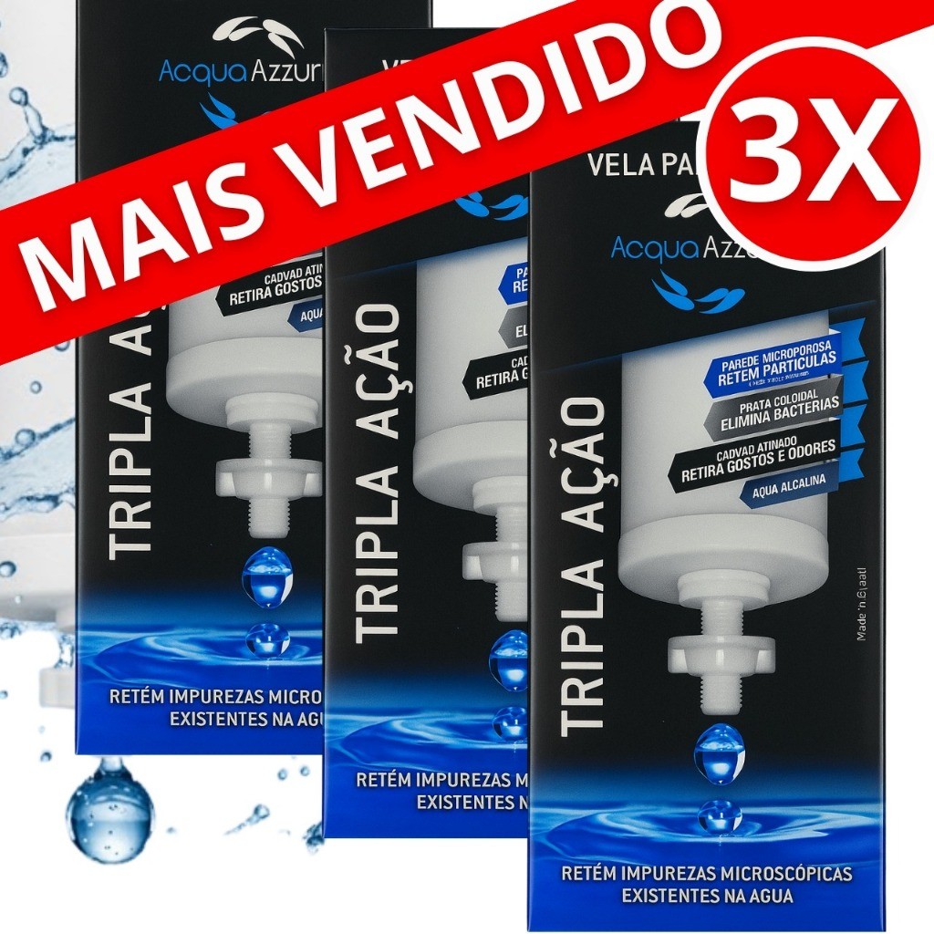 03 Velas Filtro de Barro Tripla Ação Carvão Ativado Alcalina - ENVIO IMEDIATO