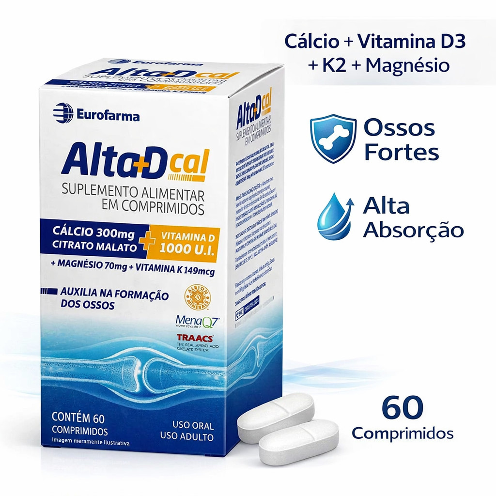 Alta D Cal 1000UI 60 Comprimidos Cálcio Vitamina D3 K2 Magnésio Ossos Fortes