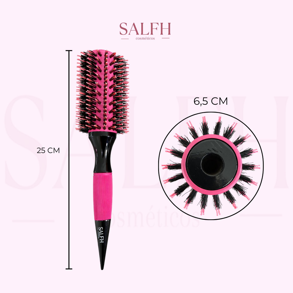 Escova Térmica Profissional de Cabelo Ceramica Cerdas Duplas Javali Nylon 65mm de Diâmetro Cor Rosa