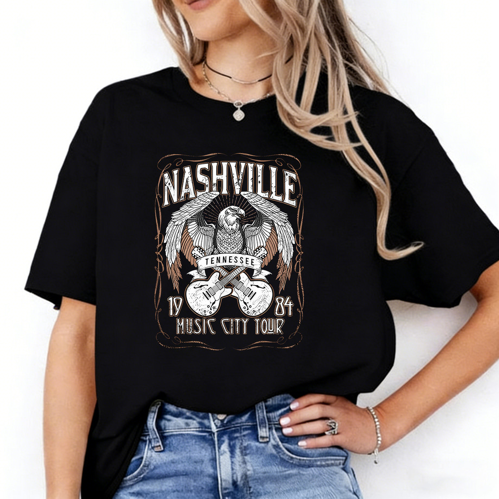 Camisa Nashville Music City Tour 1984, Design Com Águia, Violões E Letras, Estilo Country, Tamanhos Úteis Para Shows E F