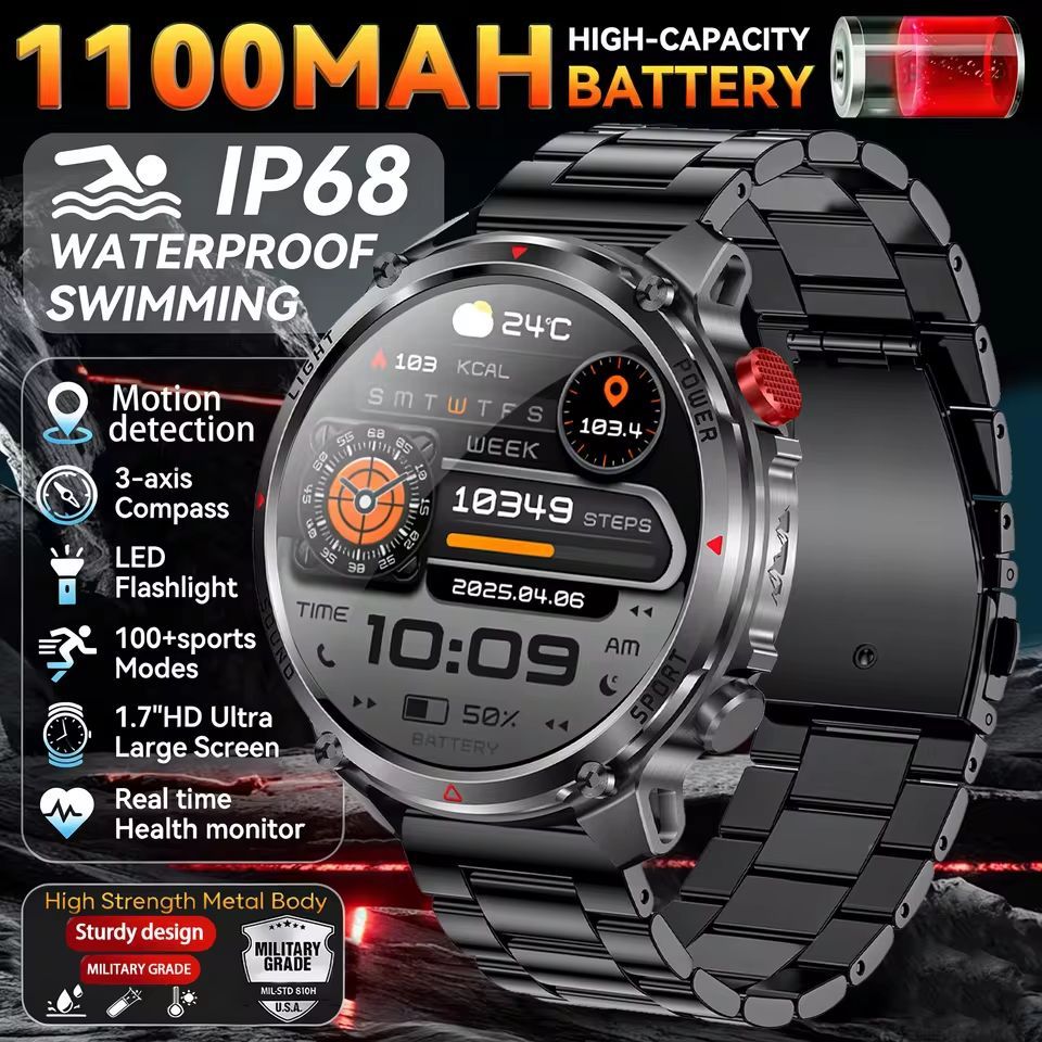 2026NEW SmartWatch Militar Masculino 1100mAh Bateria Ultra Durável Tela HD De 1.7 Polegadas Bússola 3ATM À Prova D'água