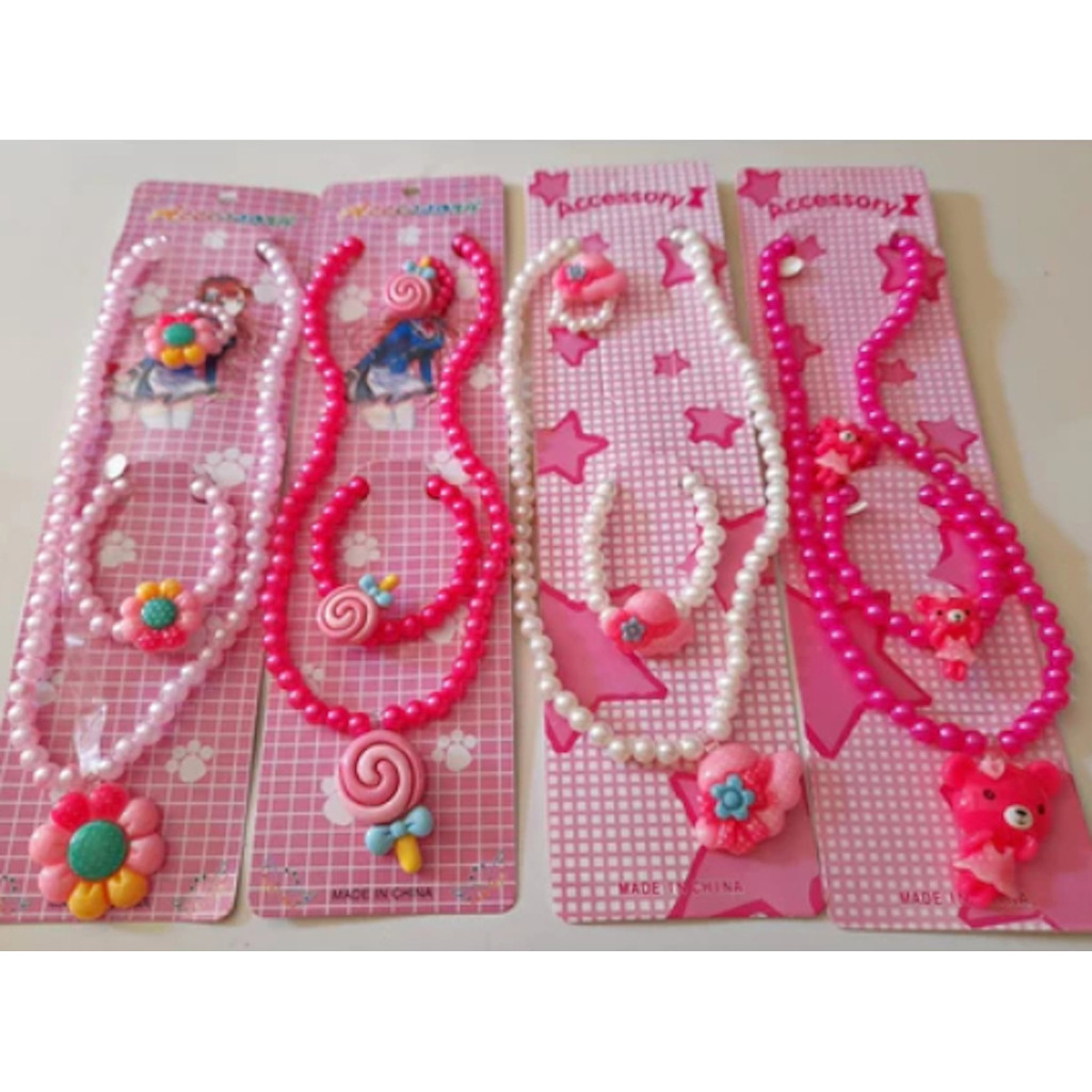 Kit 6/3/1 com Colar/Pulseira e Anel Infantil Flor Borboleta e Laço de Miçangas Pérola Bijuterias