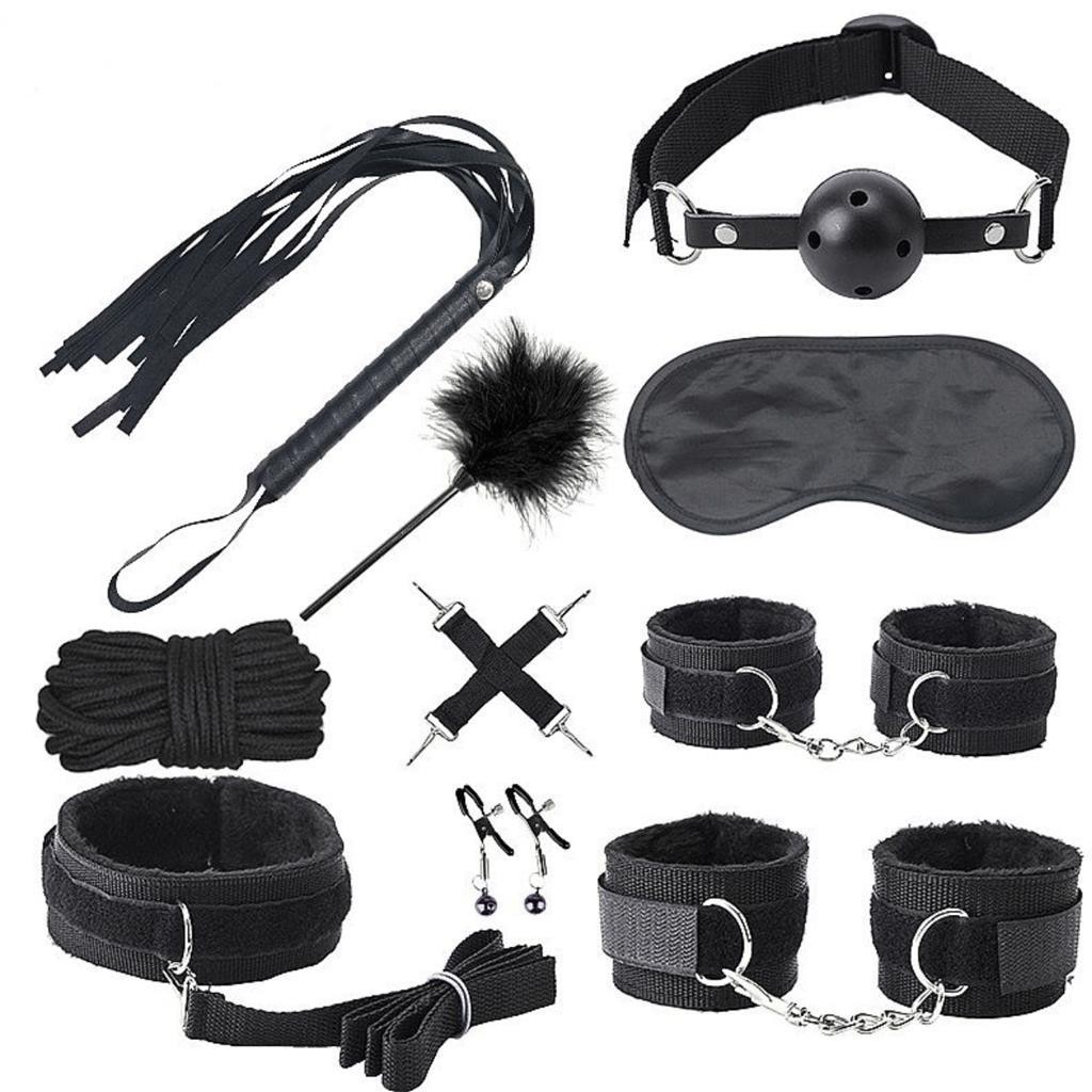 KIT com 10 Sado Erótico - Bandage BDSM Bondage Algema Tornozeleira Corda Chicote Mordaca