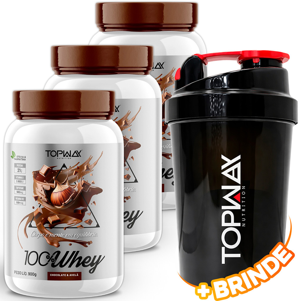 3x TopWay Suplemento Alimentar Whey Protein 900g Sabor Chocolate Com Avela Concentrado