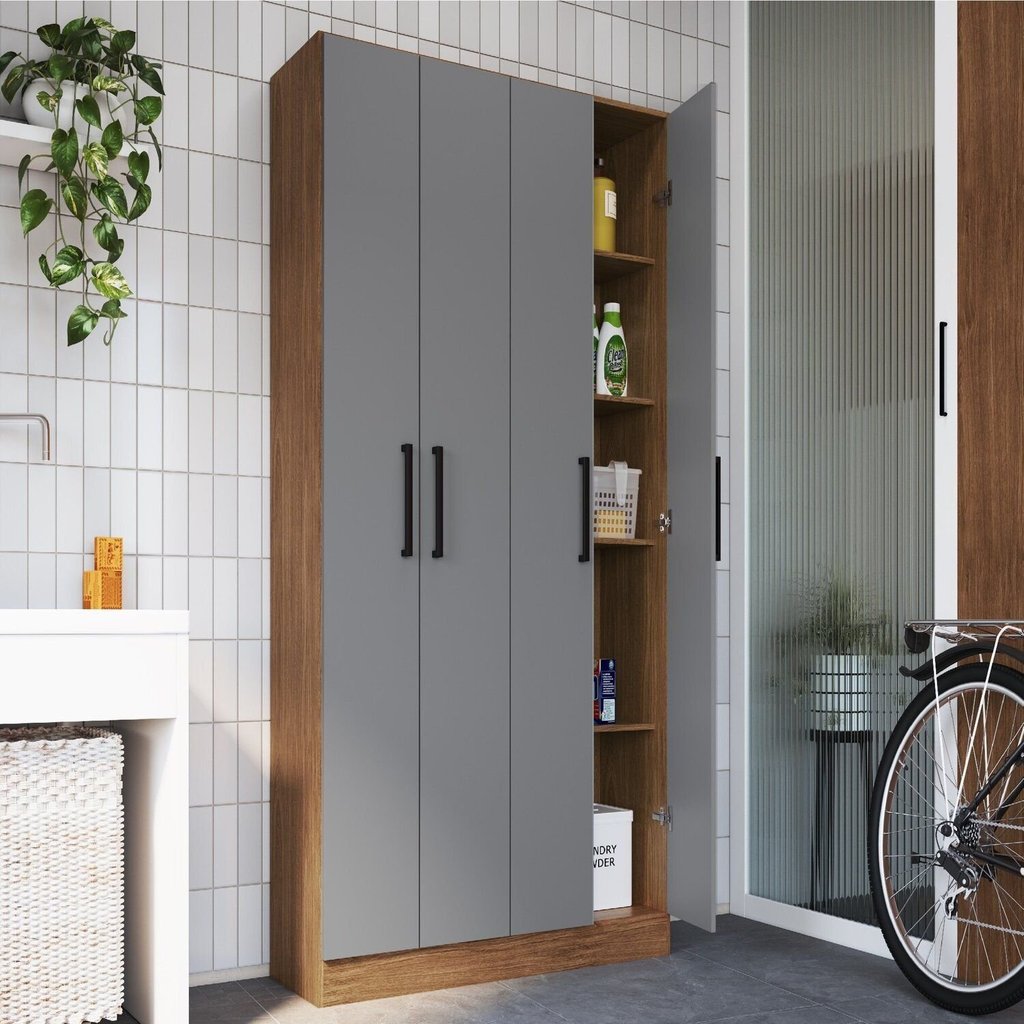 Armário Multiuso 4 Portas e 8 Prateleiras Rivera Freijó/Cinza em Oferta na Shopee