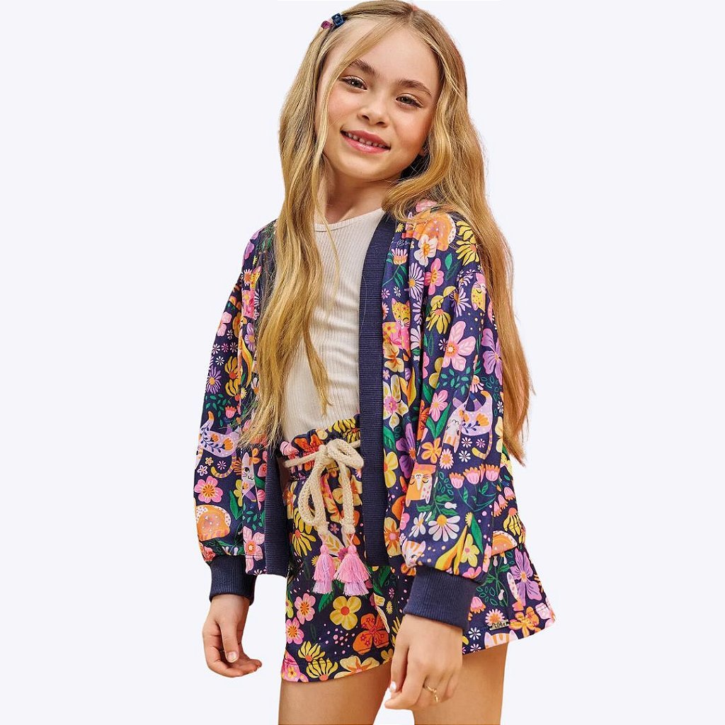 Conjunto Blusa em Canelado Maui com Shorts e Casaco em Malha Floral Feminino Infanti 71007
