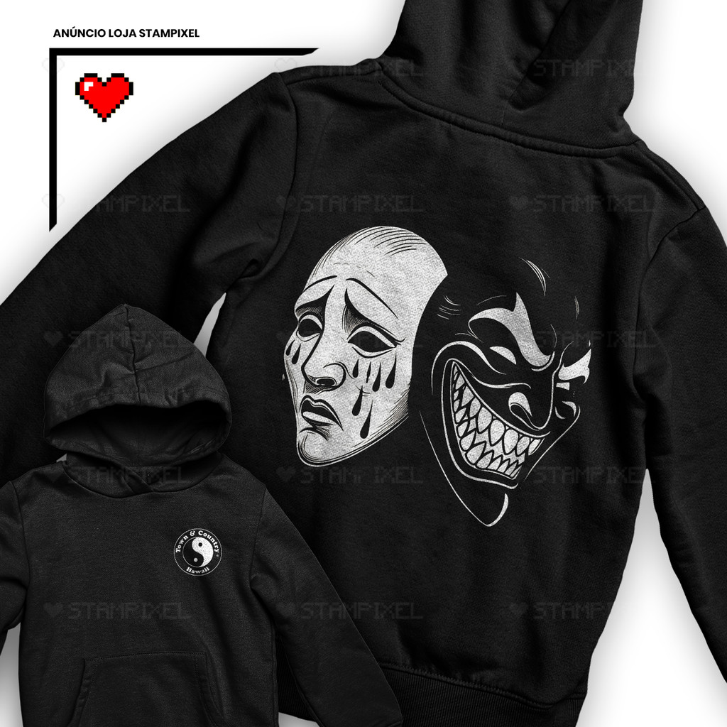 Moletom Canguru Chora Agora Ri Depois Town Country Yin Yang Máscaras Palhaços Frente E Verso Mandrake Blusa De Frio