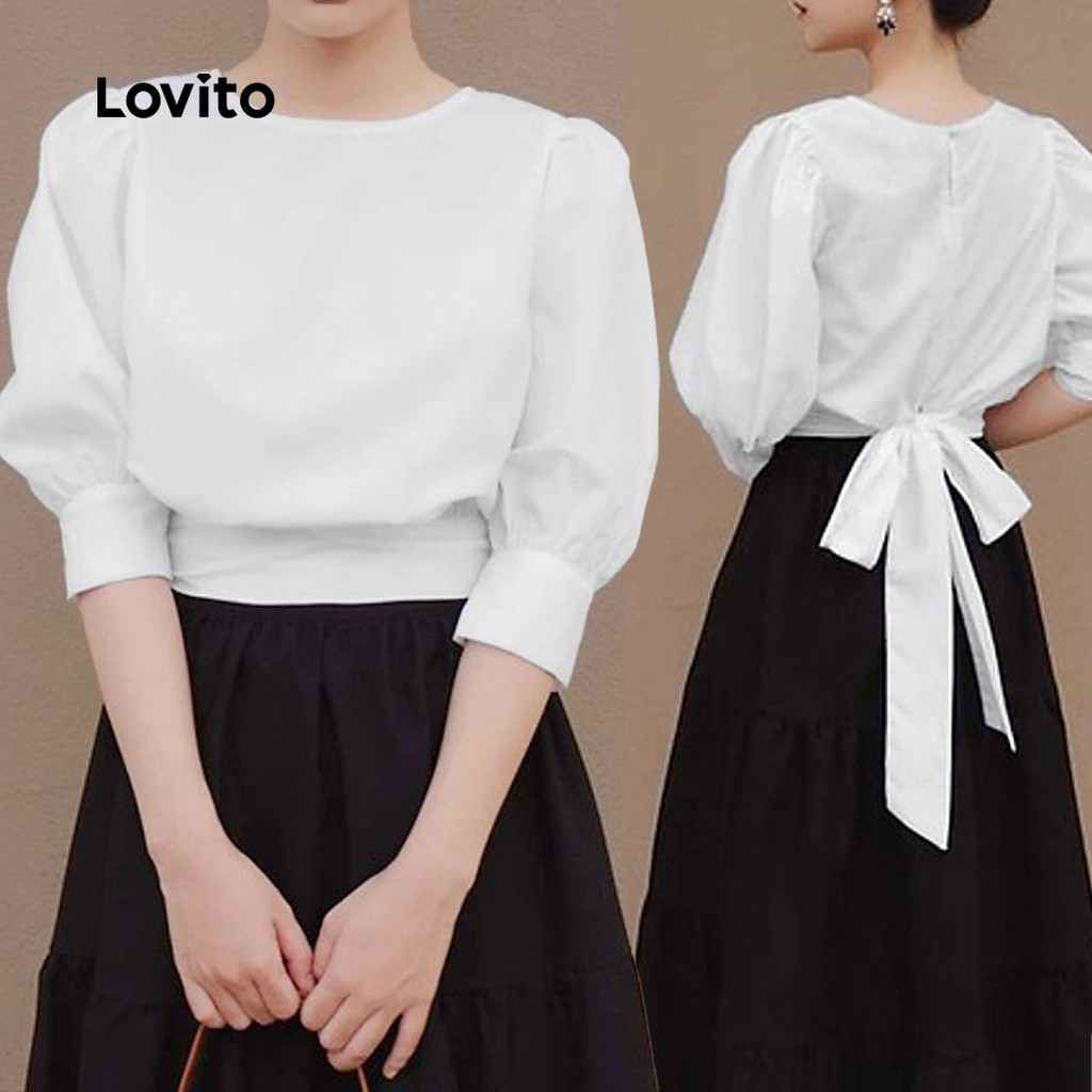 Lovito  Blusa Casual com Amarração Traseira para Uso Comum Primavera/verão Off White para Mulheres L172ED766 em Oferta na Shopee