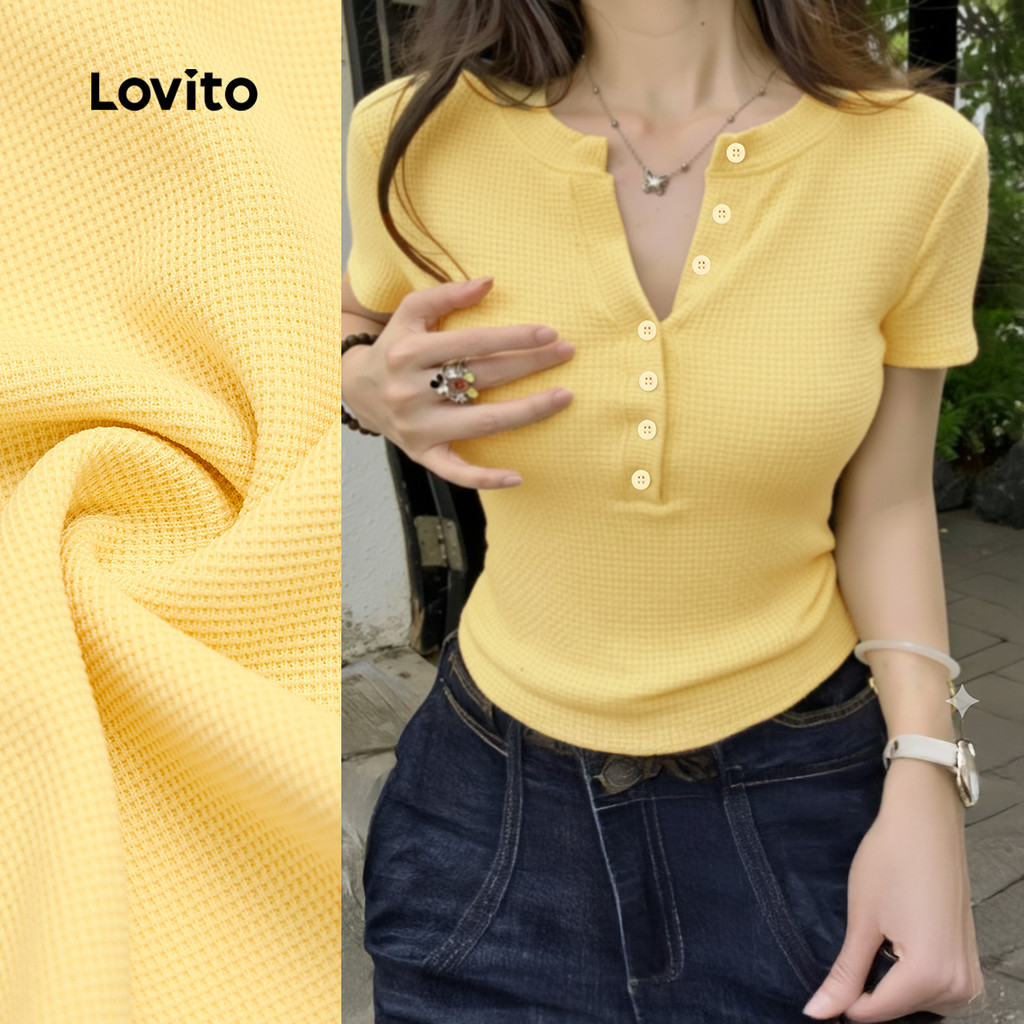 Lovito  Camiseta Casual Clássica e Versátil Frente Abotoada Primavera/verão Amarela para Mulheres. L172LD333 em Oferta na Shopee