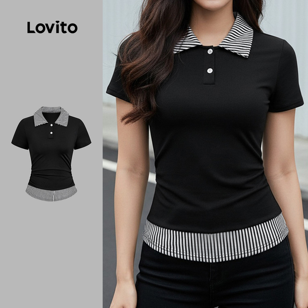 Lovito  Camiseta Preppy Tecido Costura Botão Colorblock Primavera/verão para Mulheres L172ED972 em Oferta na Shopee