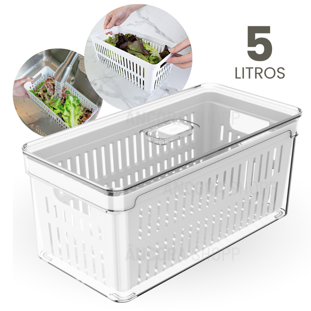 Organizador de Geladeira 5L com Cesto e Tampa Porta Frutas Legumes Vegetais Clear Fresh Ou em Oferta na Shopee