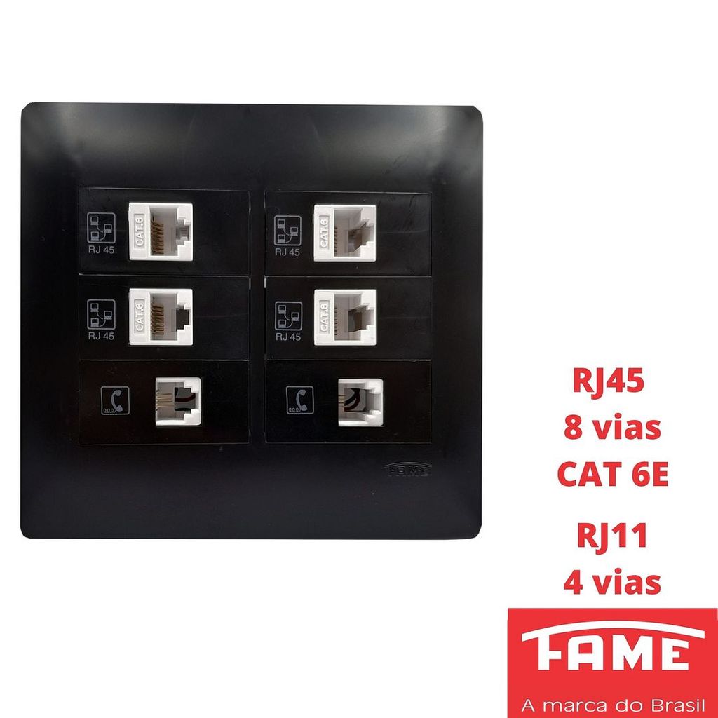 Tomada Voz e Dados RJ11 4 Vias Dupla RJ45 CAT 6E 8 Vias Quadrupla Dupla 4X4 Com Placa Habitat Black Preto FAME