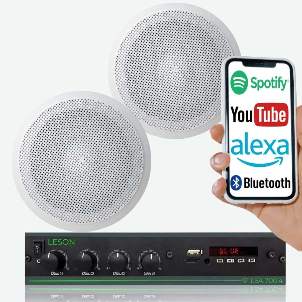 Kit Amplificador Receiver Som Ambiente Leson Bluetooth Usb 4 Canais LSA 700.4 + 2 Arandelas Alto Falante Som Ambiente
