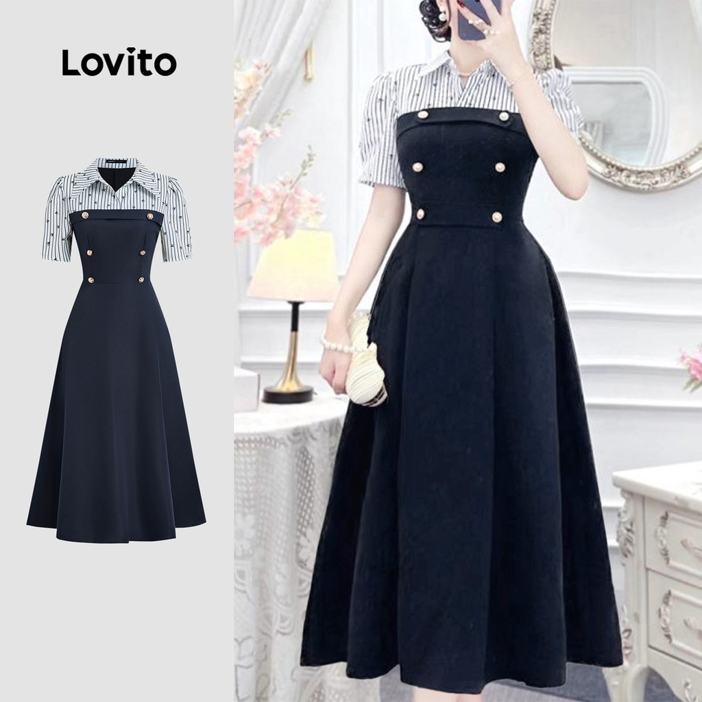 Lovito Vestido Elegante de Tecido com Costura e Botão Duplo para Primavera/verão Preto para mulheres LK2ED1344 em Oferta na Shopee