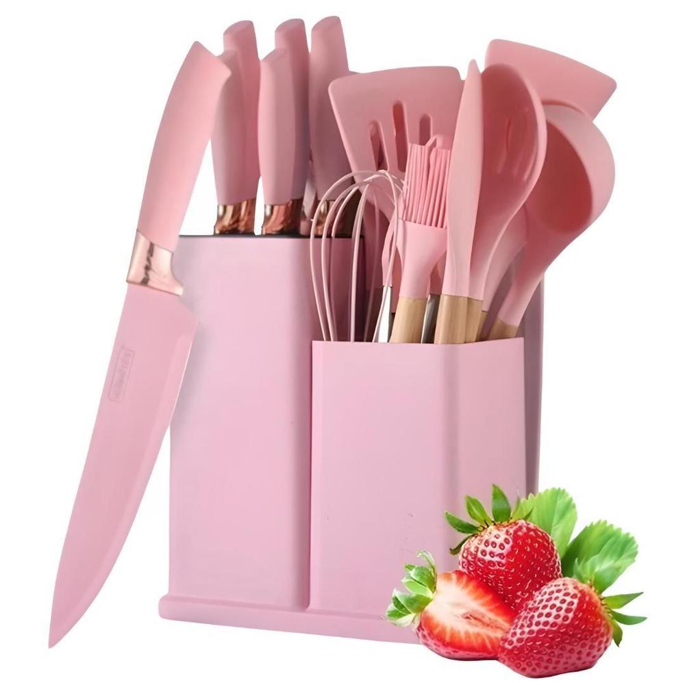 Kit utensílios de cozinha 19 peças silicone livre de bpa com cabos de madeira | resistente ao calor