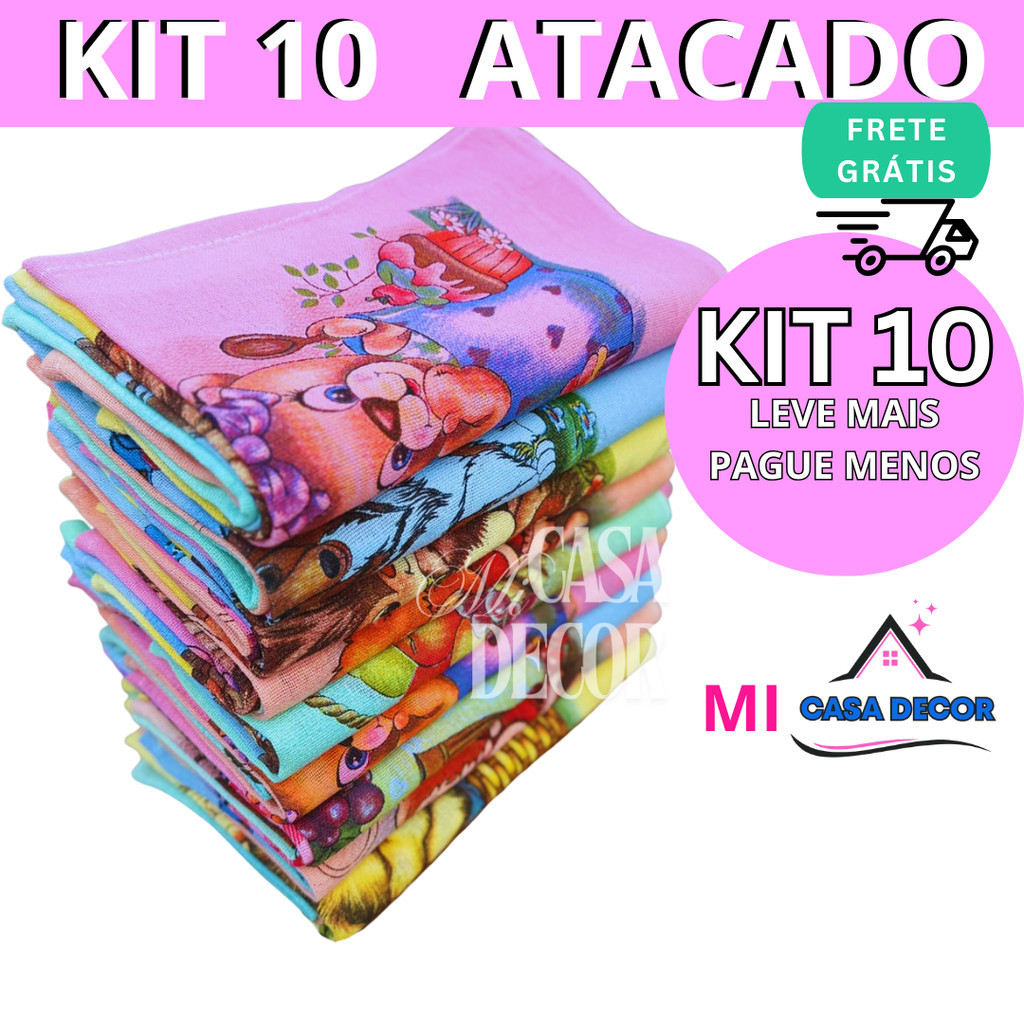 kit 10 pano de prato colorido revenda estampado copa louças sortidos