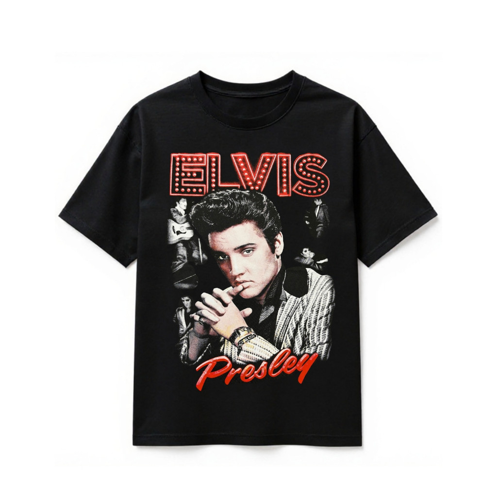Camiseta Elvis Presley Preta Unissex Adulto E Infantil Banda de Rock - Rareprintco