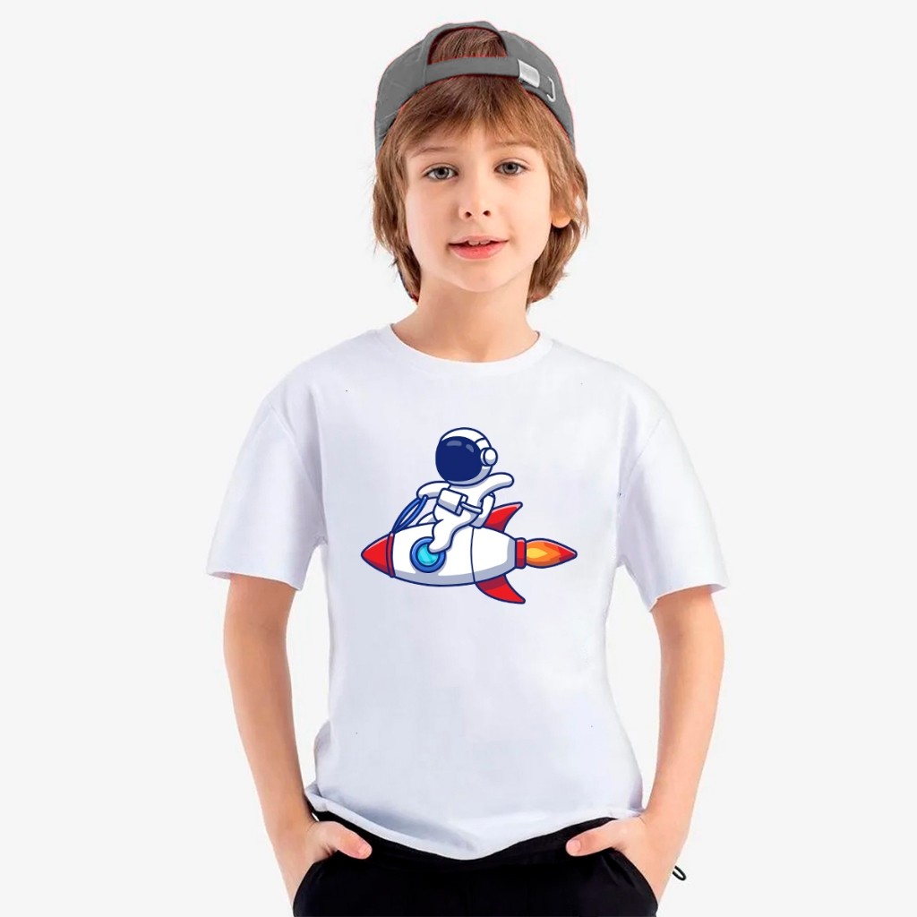 Camiseta Masculina 100% Algodão Blusa Básica 2 ao 16 Estampada Desenho Astronauta Moda Infantil