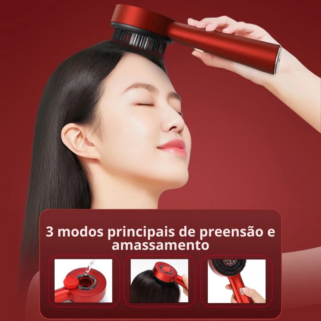 Escova Massagem Capilar com Aplicador de Couro Cabeludo Elétrico Luz Vermelha Estimula Crescimento