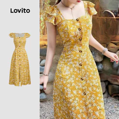 Lovito Floral Férias Vestido de Vestido Amarelo com Babados Botões Primavera/verão para mulheres L154LD348