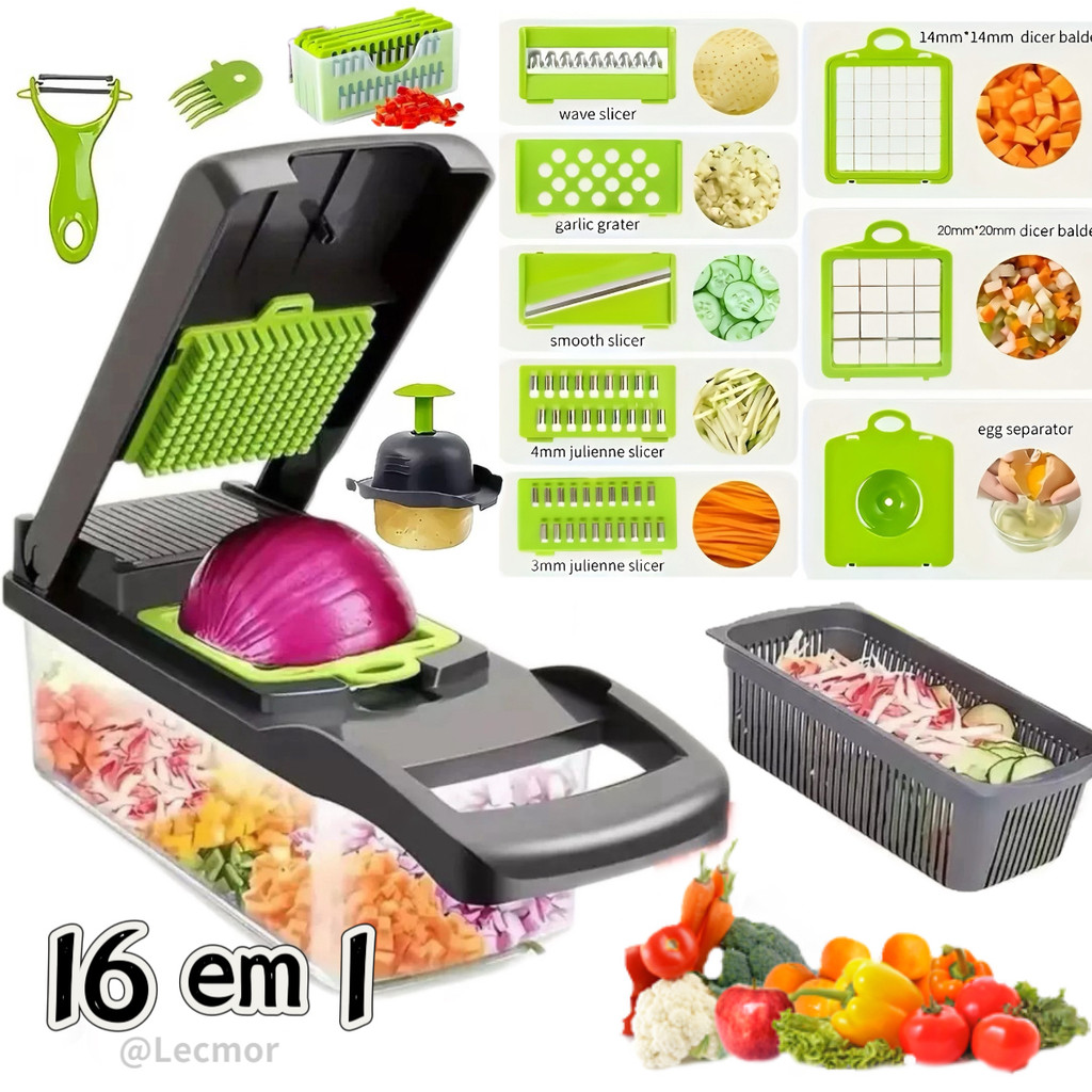 Cortador de Legumes e Verduras Multifuncional 16 em 1 - Ralador Fatiador Picador de Cebola Batata em Oferta na Shopee