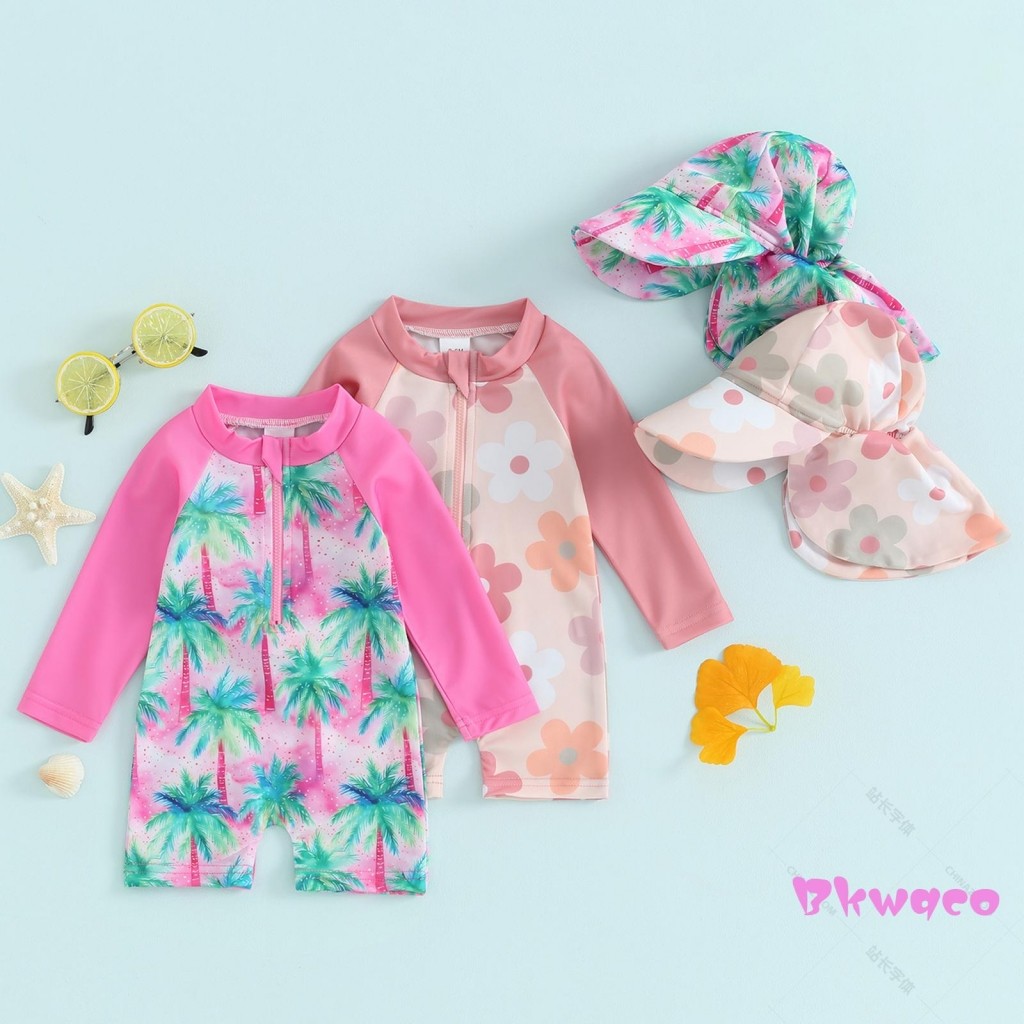 Bkw-Maiô De Praia Para Meninas , Manga Comprida , Floral/Tropical , Estampa De Árvore , Zíper , Trajes De Banho Com Chap