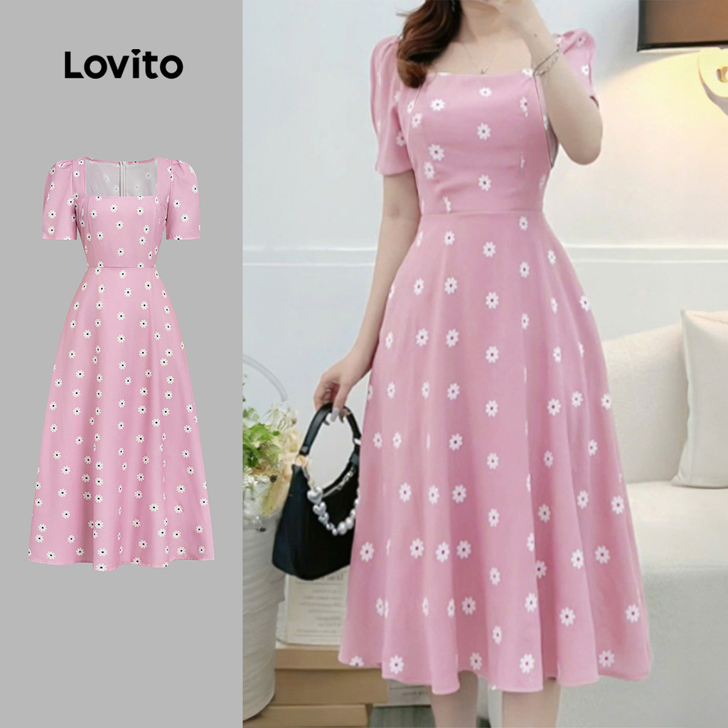 Lovito  Vestido Cinza Rosa Elegante Flores Simples Confortável e Estiloso para Mulheres Primavera/Verão L172ED173 em Oferta na Shopee