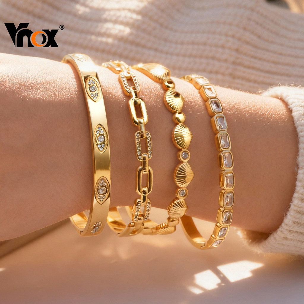 Vnox Meia Corrente Com Pulseira De Ziron Para Mulheres E Meninas , Aberta De Luxo Empilhada Brilhante em Oferta na Shopee