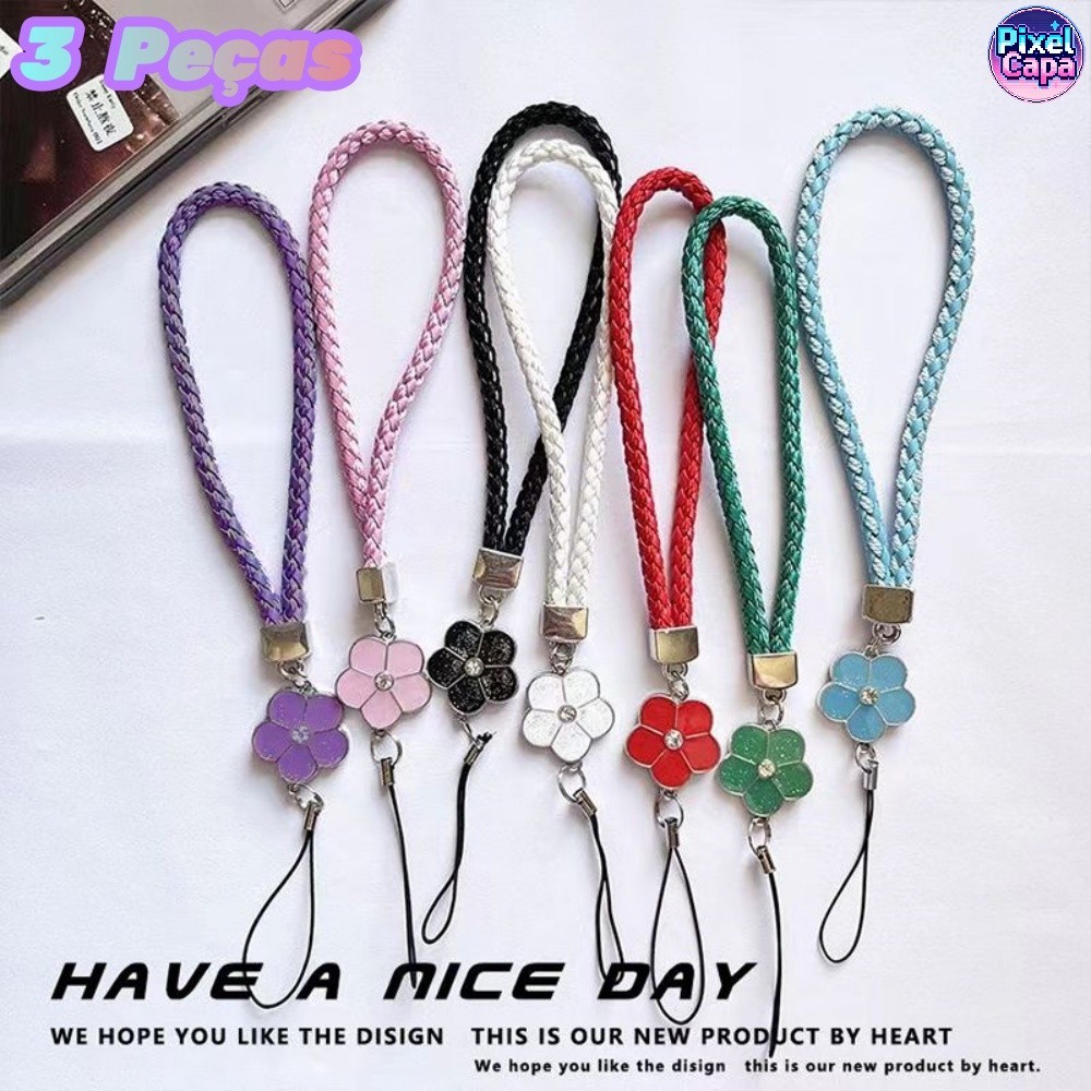 Kit 3 Cordão De Pulso Floral Feito À Mão Com Chaveiro-Estilo Verão Anti-Queda Cordinha Lanyard GS005
