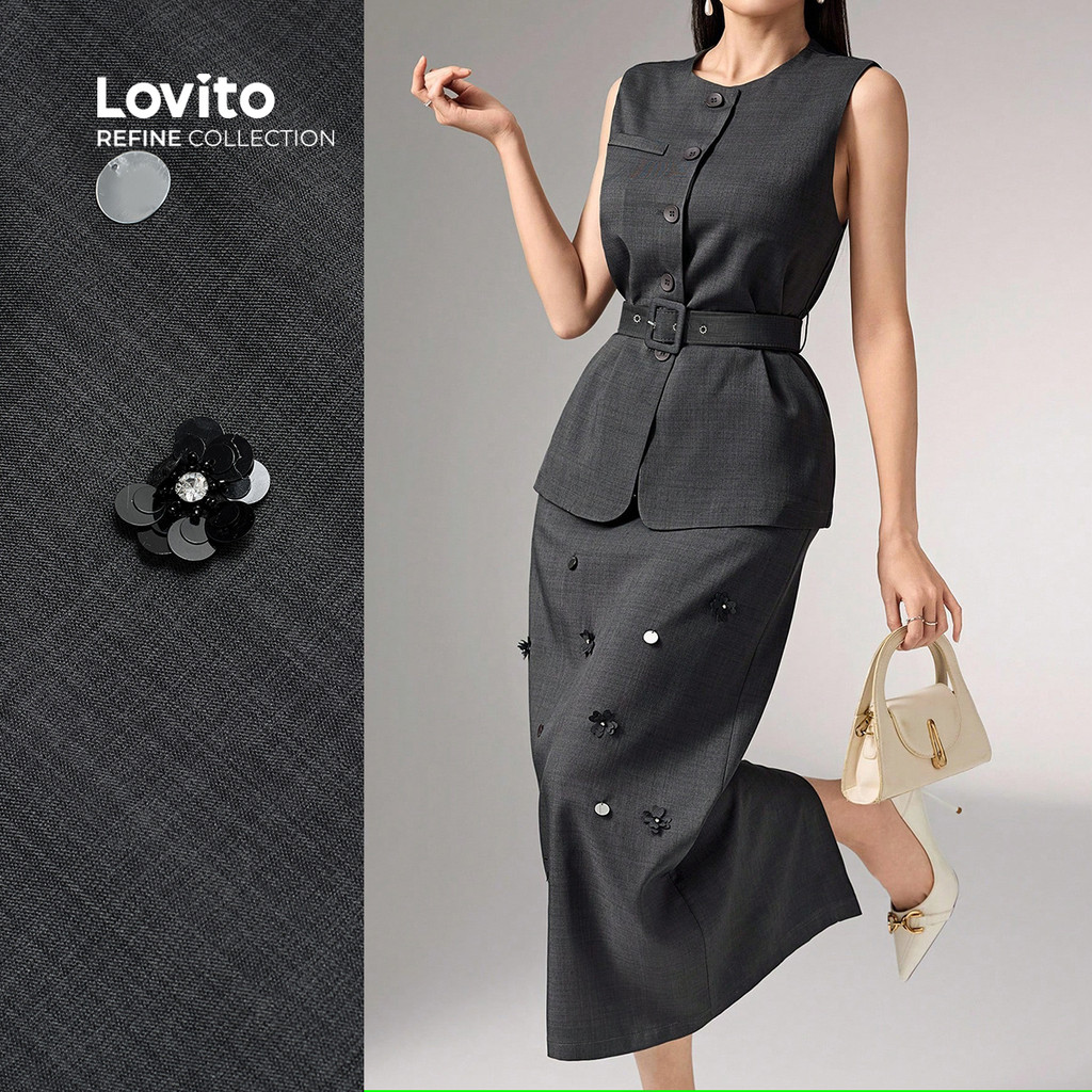 (lovito Refine) Conjunto Elegante Blusa Calça Luxo Eventos Sociais Cinto Cinza Escuro Primavera/verão Mulheres LR23L243 em Oferta na Shopee